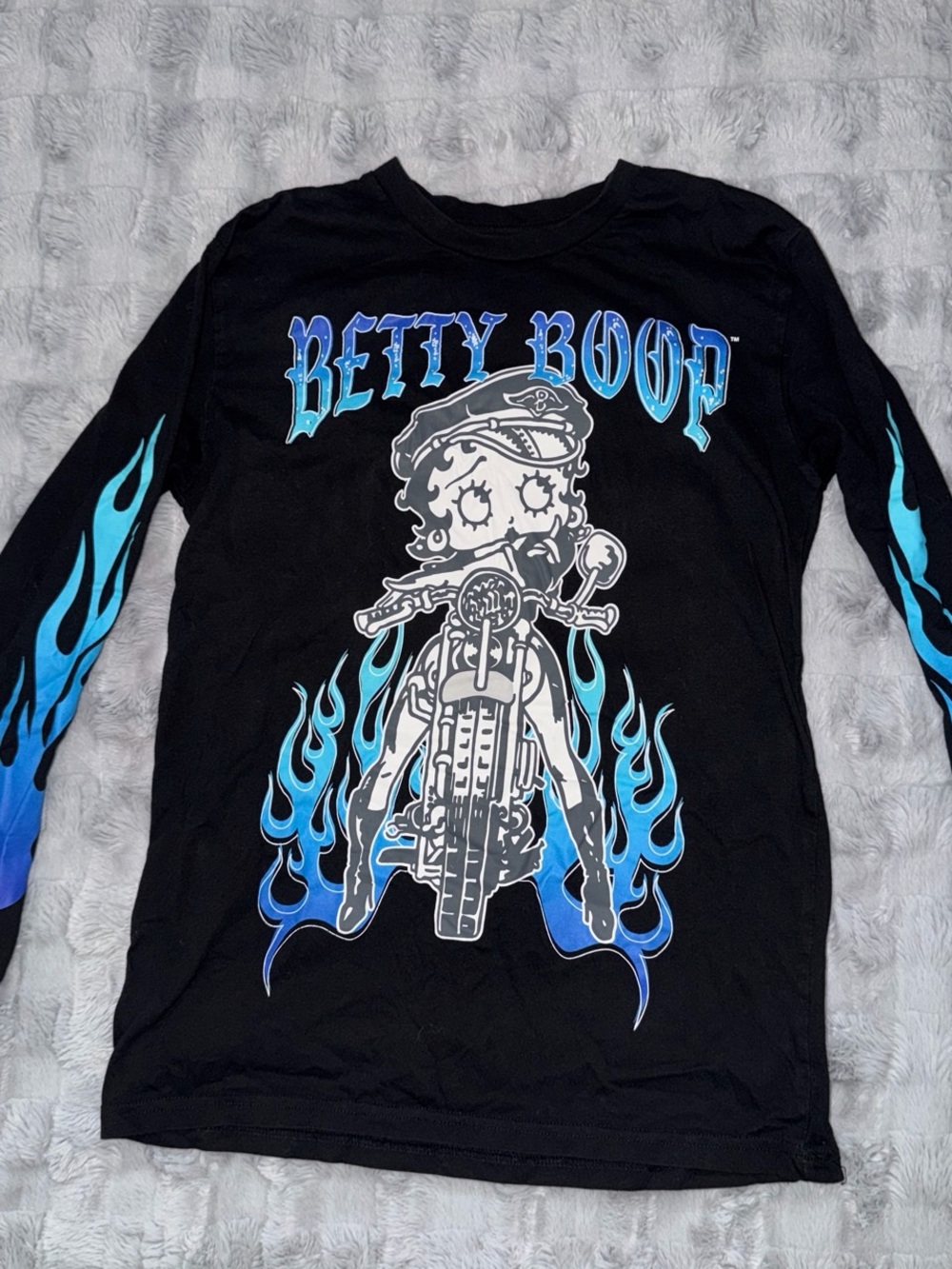 Betty Boop Black Long Sleeve Tee with Blue Flame Graphics